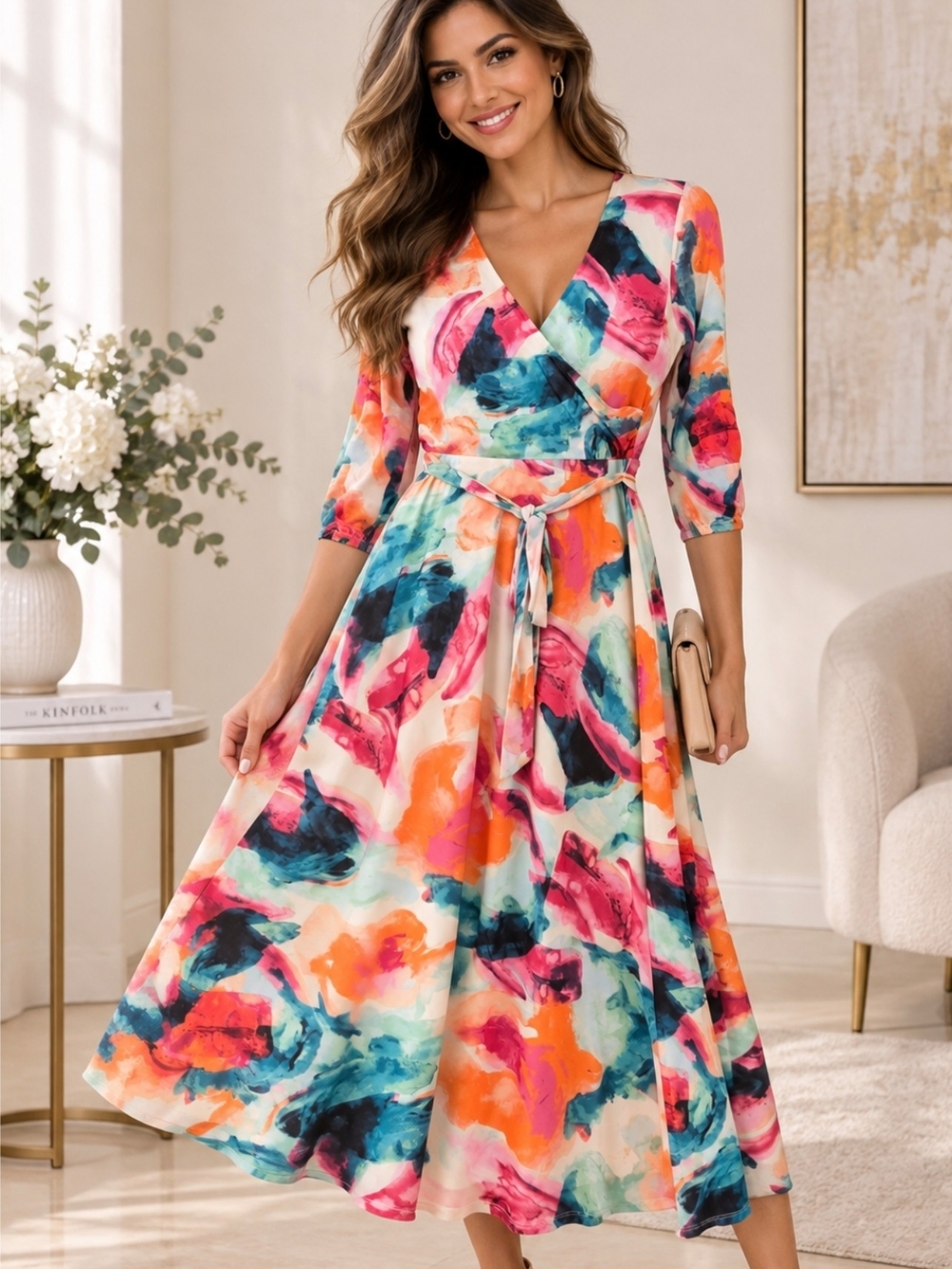 Marlow & Rose Women's Size S Maxi Dress Abstract Floral Print Long Sleeve Wrap